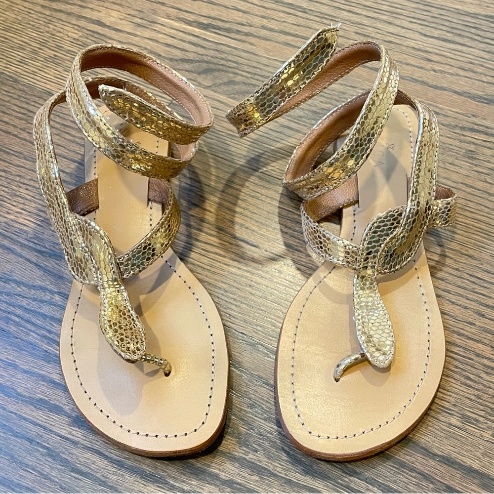 ASPIGA Handcrafted Gold Cobra Wrap Sandals Wired Ankle Wrap Leather Flats EU 38